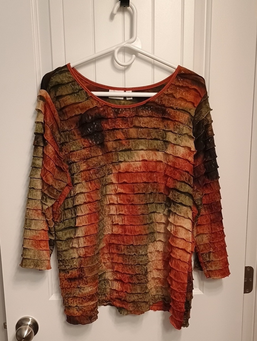 Kim Rogers Multicolor Ruffled Long Sleeve Top - Orange, Olive & Brown